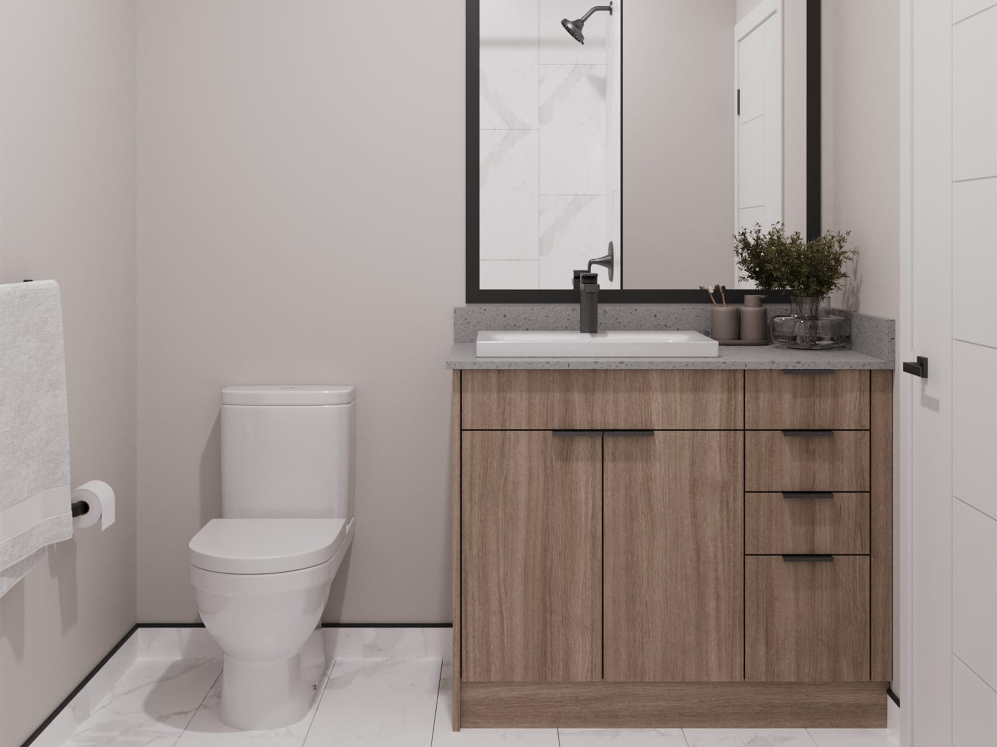 Modern bathroom, with wooden sink. Located at The Cornerstone.