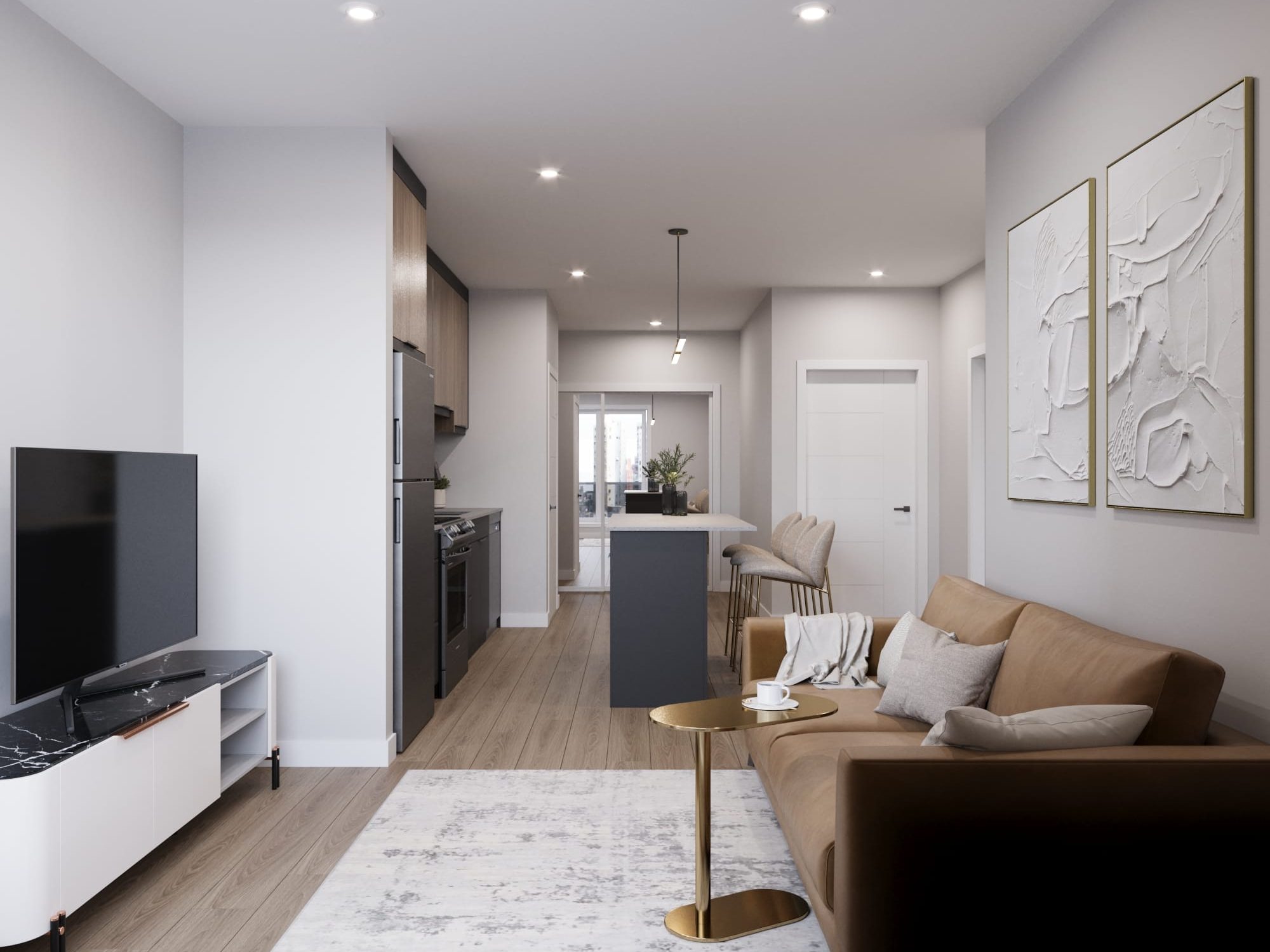 Modern, spacious living room at The Cornerstone